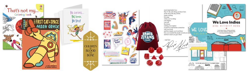 Free exclusives including The First Cat in Space Moon Comix, Table Titans dice, cards, coloring books, bookmarks, stickers, activity book and signed rupi kaur poem 